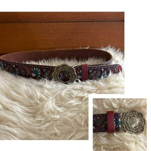 Lucky Brand Burgundy Leather Floral Embroidered Belt with Gold Buckle